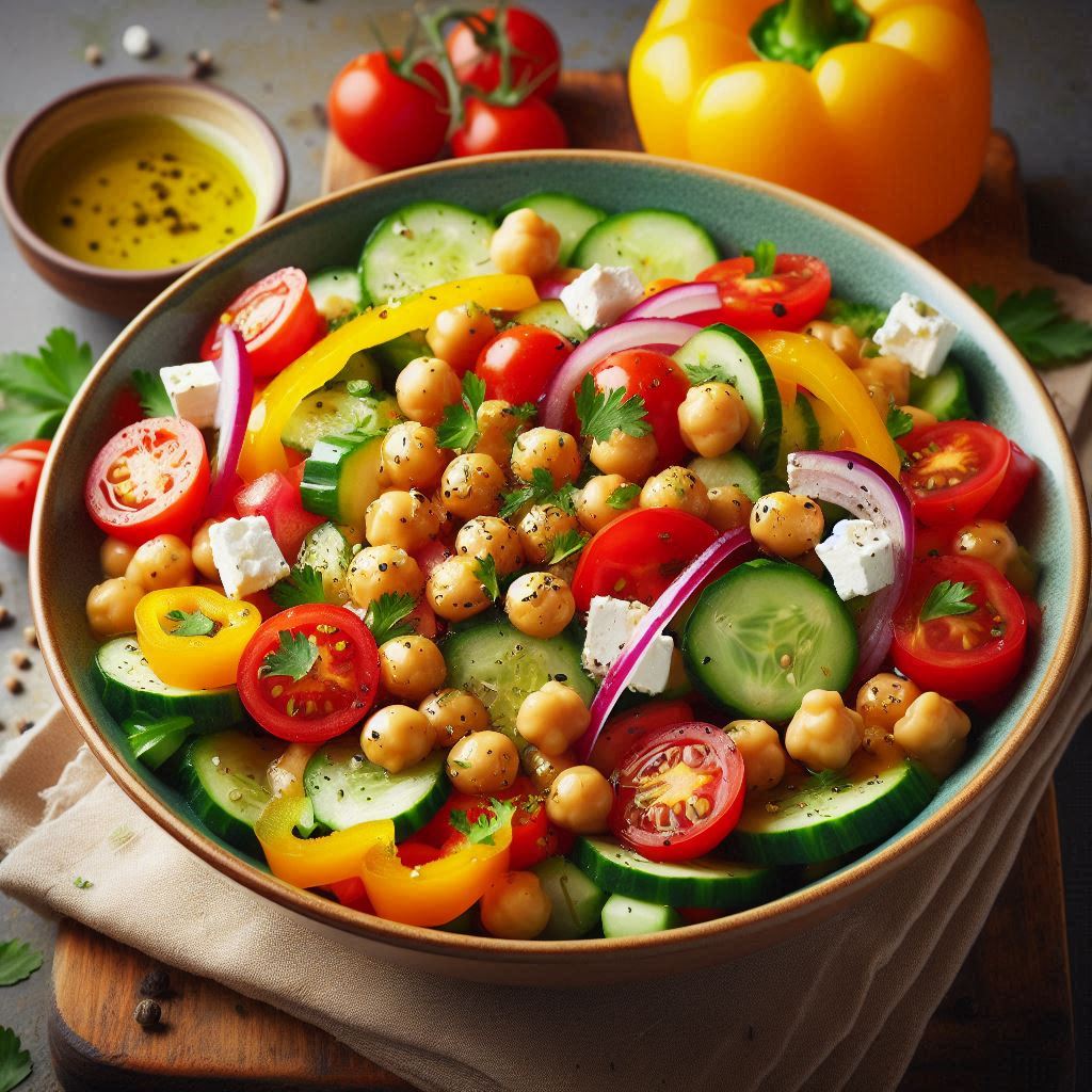 Salada de grão-de-bico colorida, com vegetais frescos e temperos, servida em uma tigela