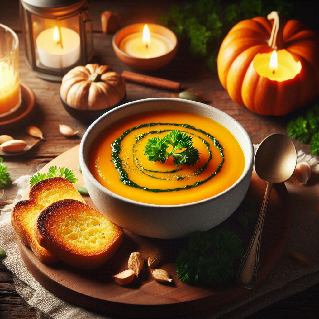 Sopa de abóbora cremosa servida em uma tigela, decorada com sementes de abóbora e ervas frescas