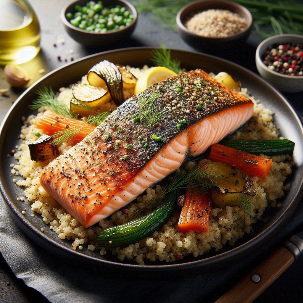 Salmão ao Forno com Ervas servido em um prato com limão e legumes frescos.